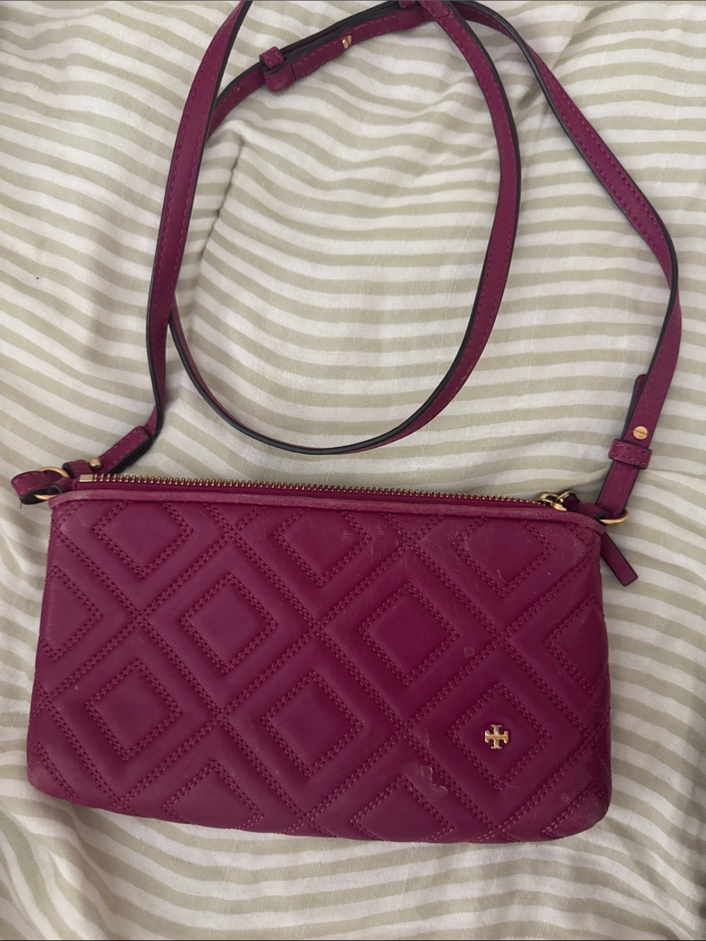 Tory Burch Quilted Magenta Crossbody with Gold Logo Accent